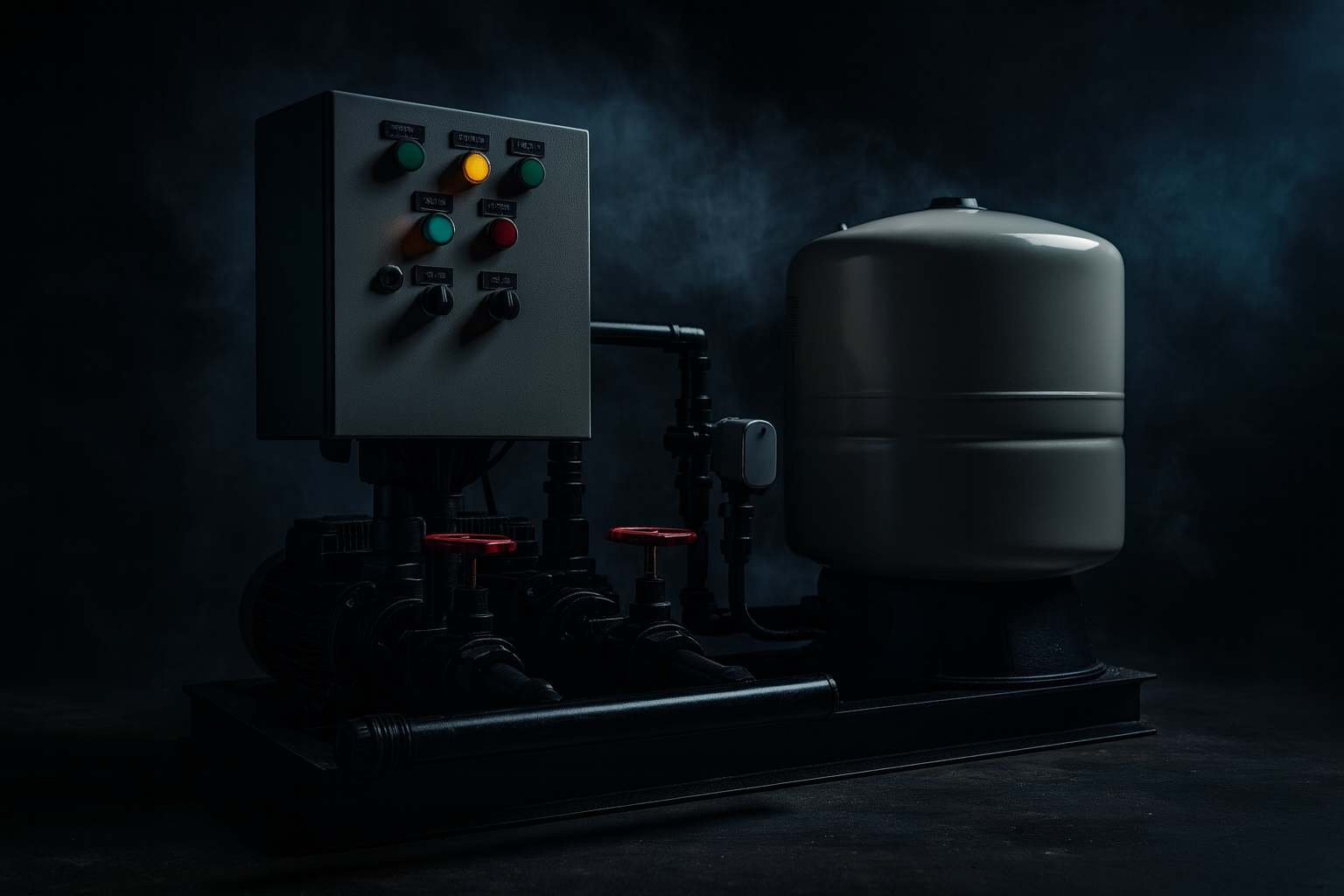 Cinematic hero image of industrial pump system