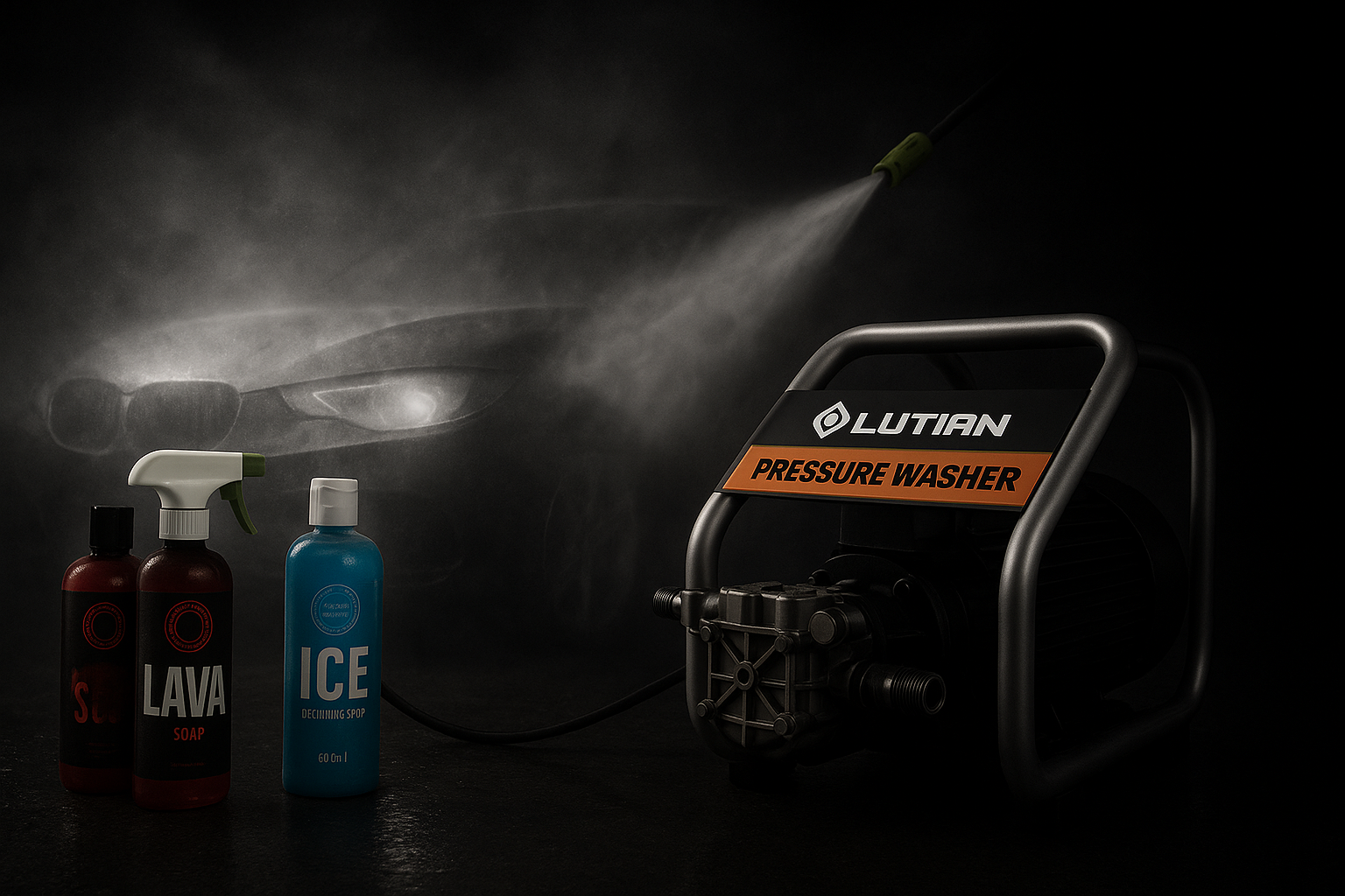 Dramatic Lutian Pressure Washer cleaning a car with clean label